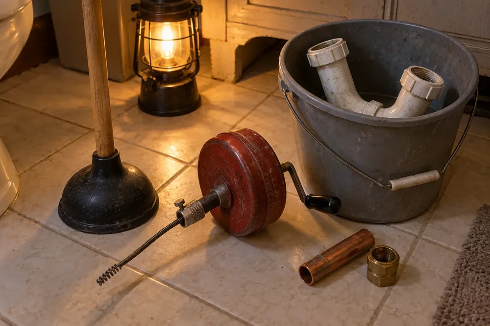 Plunger, small hand drain snake and removed P-trap in a bucket on a bathroom floor