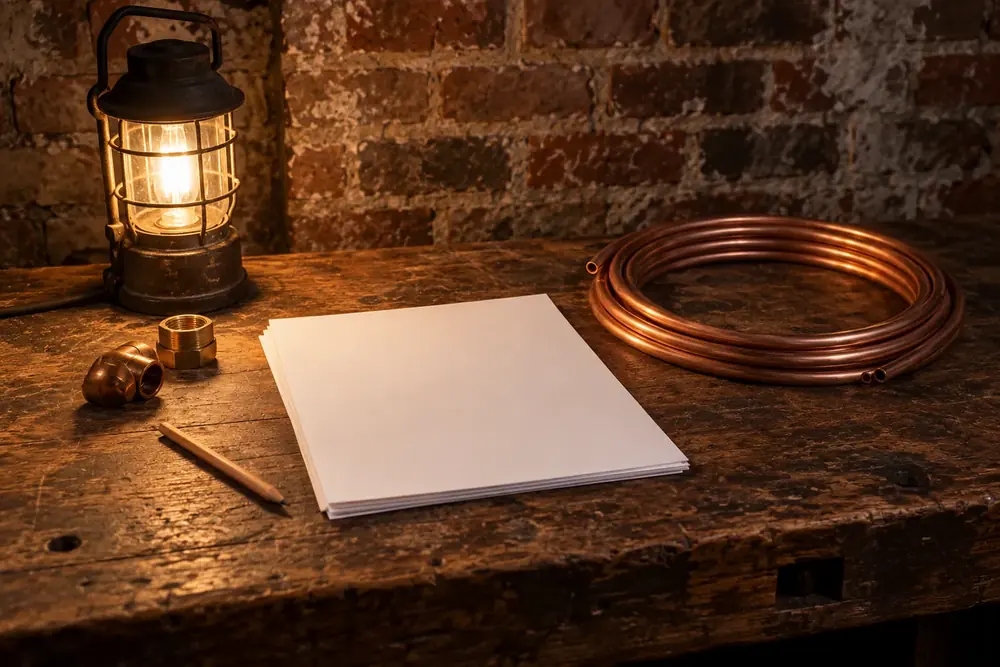 Blank forms and a pencil beside coiled copper tubing on a basement workbench