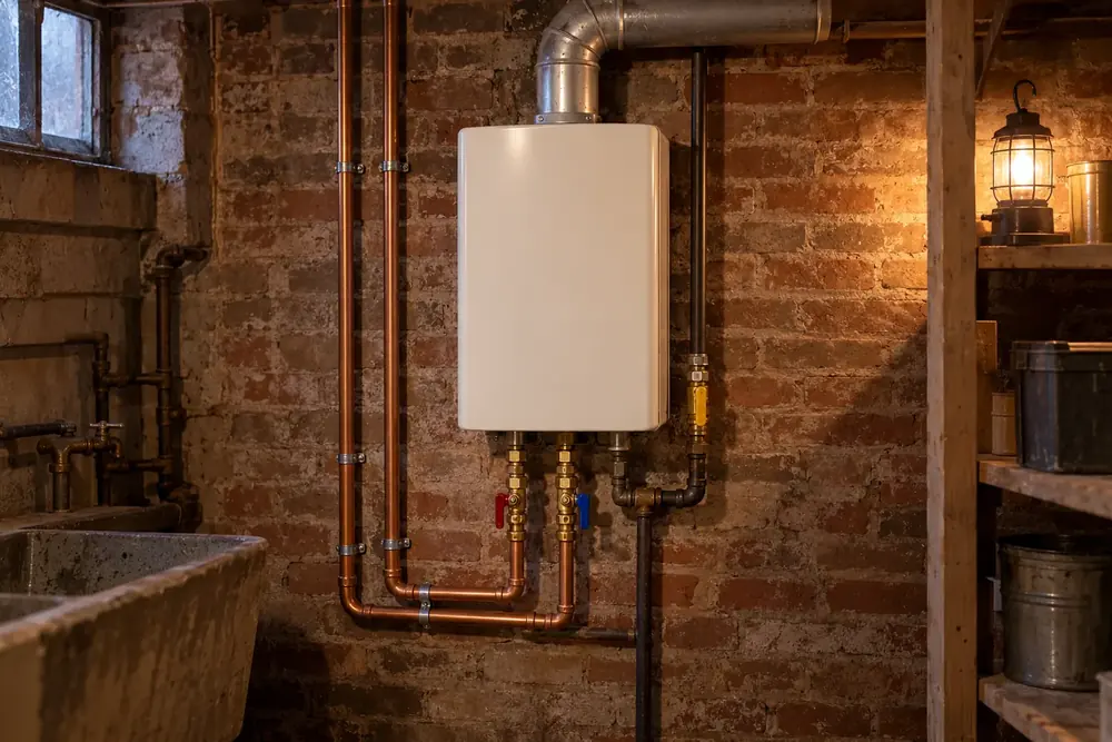 Wall-mounted hot water unit with copper connections and a vent pipe against a brick wall